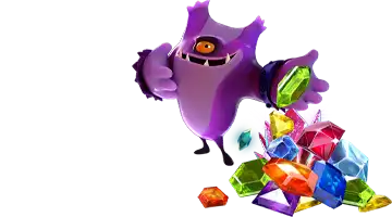 Изображение с персонажами Rox интернет казино, окруженными разноцветными драгоценными камнями, символизирующими регулярные награды для игроков и создающими атмосферу игры и вознаграждения.